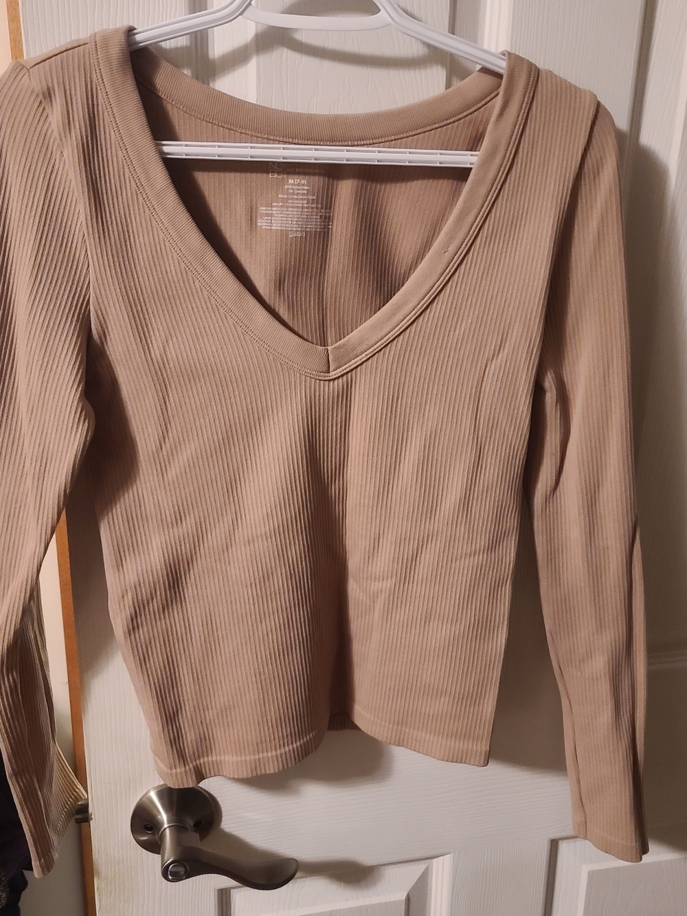 No Boundaries Tan Ribbed V-Neck Long Sleeve Top